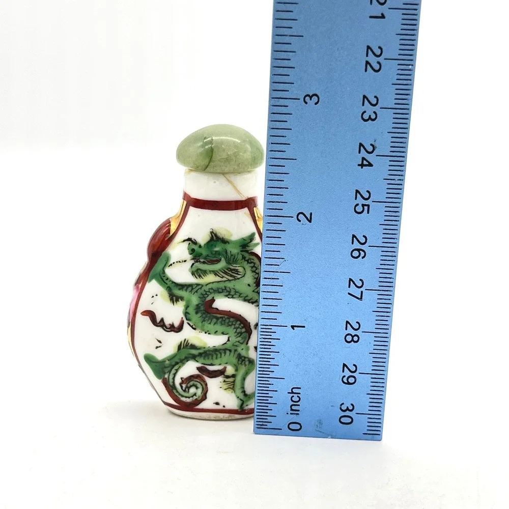 Vintage Ceramic Snuff‎ Bottle Green Dragon Jade Stopper Collectible Asian Art